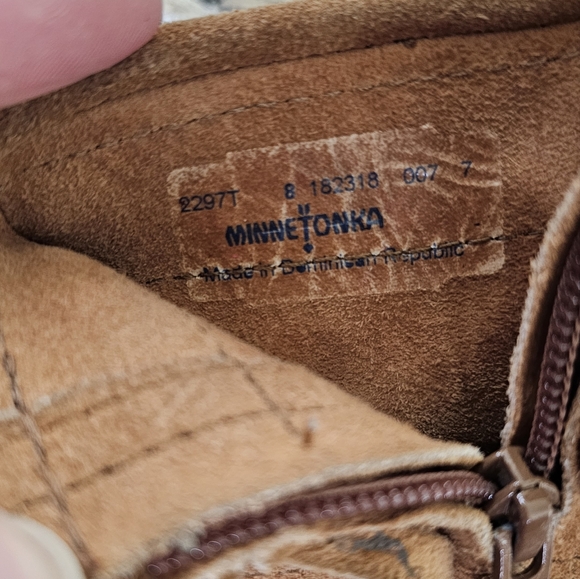 Minnetonka Double Fringe Side Zip Brown Leather Moccasins kids sz 8 - Picture 7 of 8